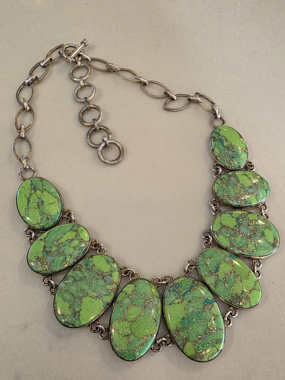 Green Copper Turquoise Stone Statement Necklace Sterling Silve